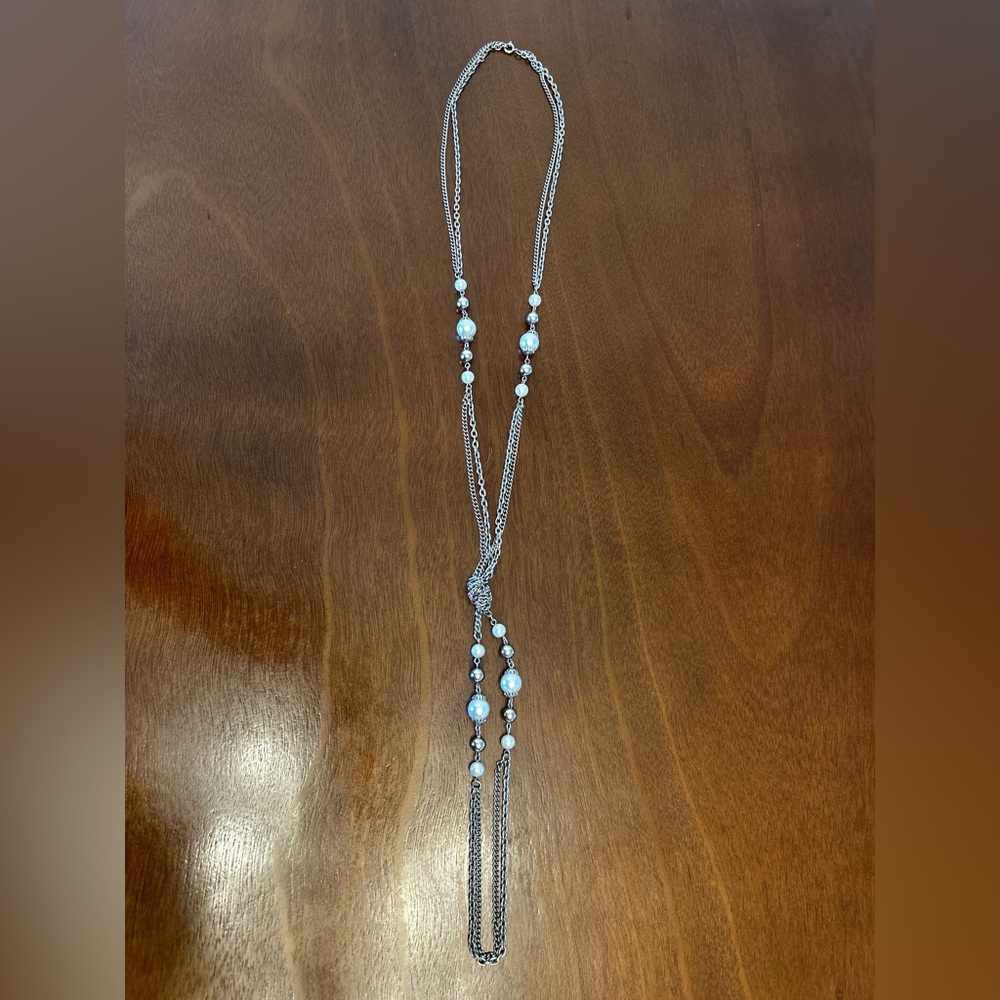 Vintage Silver-Tone Beaded Necklace with Pearlescent Accents - Women’s Jewelry